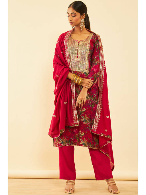 Buy Soch Womens Magenta Cotton Embroidered Unstitched Dress Material (Set of 3) Online