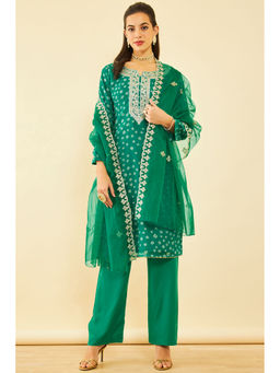 Soch - Womens Green Organza Embroidered Unstitched Dress Material (Set of 3)