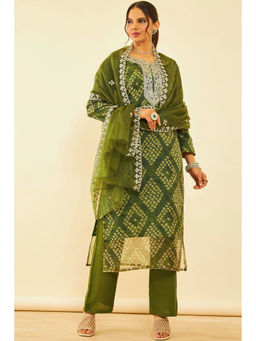 Soch - Womens Green Organza Bandhani Print Unstitched Dress Material (Set of 3)