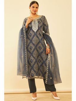 Soch - Womens Grey Organza Bandhani Print Unstitched Dress Material (Set of 3)