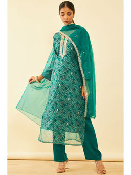 Soch - Womens Green Organza Embroidered Unstitched Dress Material (Set of 3)