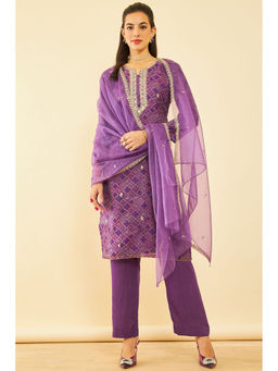 Soch - Womens Purple Organza Embroidered Unstitched Dress Material (Set of 3)