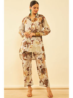 Soch - Womens Beige Cotton Floral Print Co-Ord Shirt with Pant (Set of 2)