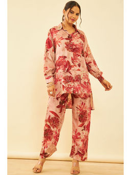 Soch - Womens Peach Cotton Floral Print Co-Ords Shirt with Pant (Set of 2)