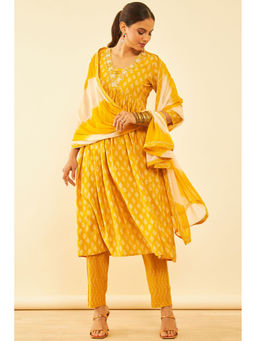 Soch - Womens Mustard Cotton Foil Print Suit Kurta with Pant and Dupatta (Set of 3)