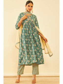 Soch - Womens Teal Cotton Floral Print Suit Kurta with Pant and Dupatta (Set of 3)