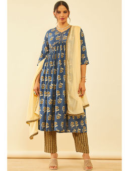 Soch - Womens Blue Cotton Floral Print Suit Kurta with Pant and Dupatta (Set of 3)