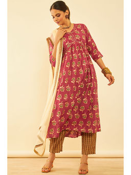 Soch - Womens Rust Cotton Floral Print Suit Kurta with Pant and Dupatta (Set of 3)