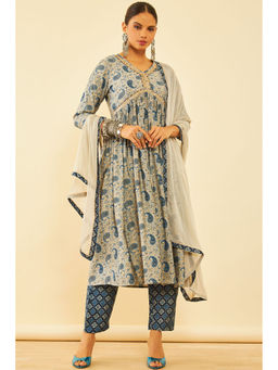 Soch - Womens Blue Cotton Paisley Print Suit Kurta with Pant and Dupatta (Set of 3)
