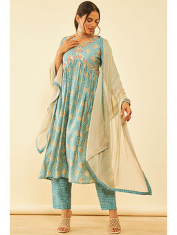 Soch - Womens Blue Cotton Botanical Print Suit Kurta with Pant and Dupatta (Set of 3)