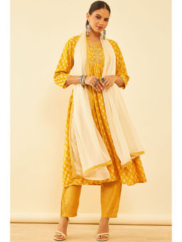 Soch - Womens Mustard Cotton Paisley Print Suit Kurta with Pant and Dupatta (Set of 3)