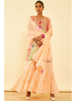 Soch - Womens Peach Cotton Floral Print Suit Kurta with Sharara and Dupatta (Set of 3)
