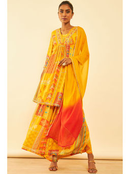 Soch - Womens Yellow Cotton Ethnic Print Suit with Sharara and Dupatta (Set of 3)