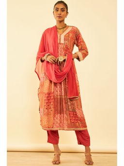 Soch - Womens Rust Cotton Abstract Print Suit Kurta with Pant and Dupatta (Set of 3)