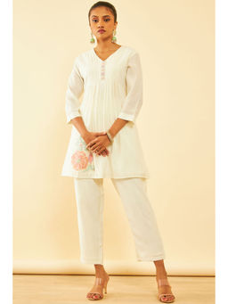 Soch - Womens White Cotton Sequined Co-Ords Top with Pant (Set of 2)
