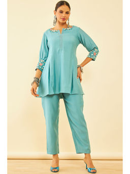 Soch - Womens Turquoise Blue Cotton Embroidered Co-Ords Top with Pant (Set of 2)