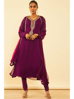 Soch - Womens Magenta Georgette Embroidered Suit Kurta with Pant and Dupatta (Set of 4)