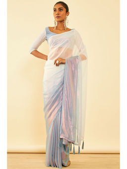 Soch - Womens Grey Chiffon Saree with Tassels with Unstitched Blouse