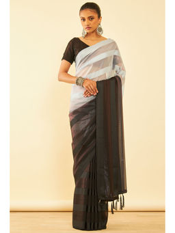 Soch - Womens Black Chiffon Striped Saree with Tassels with Unstitched Blouse