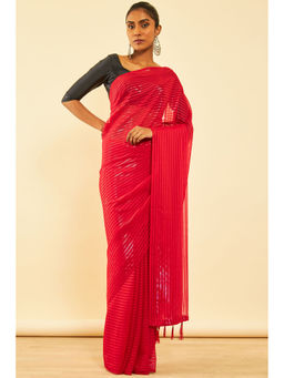 Soch - Womens Red Chiffon Striped Saree with Tassels with Unstitched Blouse