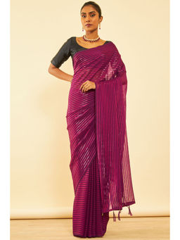 Soch - Womens Wine Chiffon Striped Saree with Tassels with Unstitched Blouse
