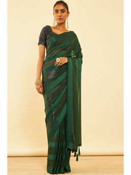 Soch - Womens Green Chiffon Striped Saree with Tassels with Unstitched Blouse