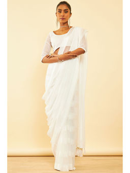 Soch - Womens White Chiffon Striped Saree with Tassels with Unstitched Blouse