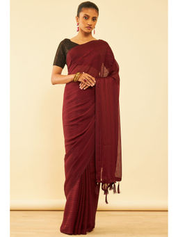 Soch - Womens Maroon Chiffon Saree with Tassels with Unstitched Blouse
