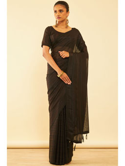 Soch - Womens Black Chiffon Saree with Tassels with Unstitched Blouse