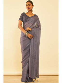 Soch - Womens Grey Chiffon Saree with Tassels with Unstitched Blouse