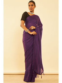 Soch - Womens Purple Chiffon Saree with Tassels with Unstitched Blouse