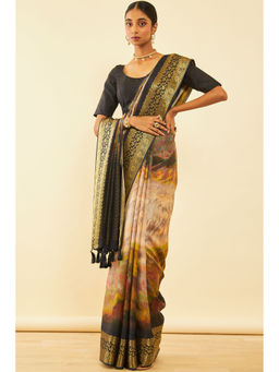 Soch - Womens Brown Tessar Silk Abstract Print Saree with Tassels with Unstitched Blouse