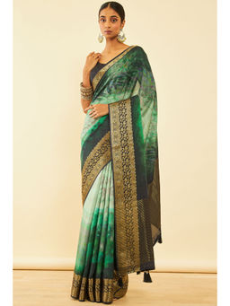 Soch - Womens Green Tessar Silk Abstract Print Saree with Tassels with Unstitched Blouse