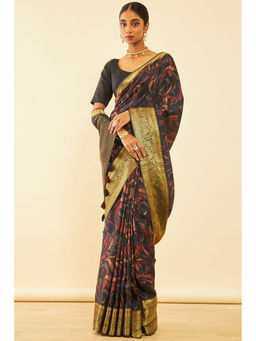 Soch - Womens Black Tessar Silk Printed Saree with Tassels with Unstitched Blouse