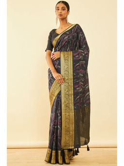 Soch - Womens Wine Tessar Silk Printed Saree with Tassels with Unstitched Blouse