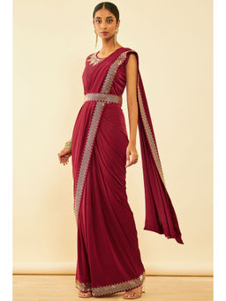 Soch - Womens Maroon Spandex Ready To Wear Saree with Stitched Blouse