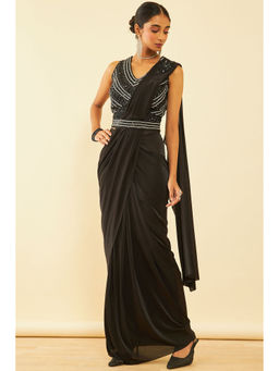 Soch - Womens Black Spandex Ready To Wear Saree with Beads and Stones with Stitched Blouse