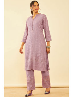 Soch - Womens Onion Pink Georgette Embroidered Kurta with Pant (Set of 2)