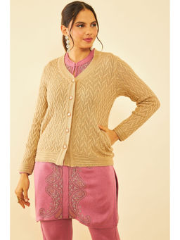 Soch - Womens Beige Acrylic Woven Design Winter Cardigan