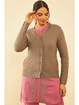 Soch - Womens Brown Acrylic Woven Design Winter Cardigan