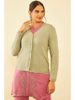 Soch - Womens Light Green Acrylic Woven Design Winter Cardigan