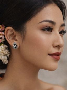 Accessher - Oxidised Silver Floral Crystal Stud Earrings