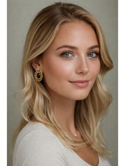 Accessher - Antique Gold Oxidised Oval Black Stone Stud Earrings