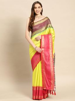 Vastranand - Kanchi Rich Pallu Zari Border Soft Silk Yellow Saree with Unstitched Blouse