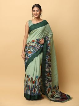 Vastranand - Flower Print Silk Party Wear Green Saree with Unstitched Blouse