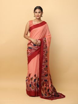 Vastranand - Flower Print Silk Party Orange Saree with Unstitched Blouse