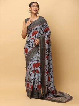 Vastranand - Flower Print Silk Party Wear Grey Saree with Unstitched Blouse