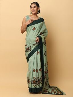 Vastranand - Patola Print Silk Party Wear Green Saree with Unstitched Blouse
