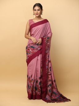 Vastranand - Flower Print Silk Party Pink Saree with Unstitched Blouse