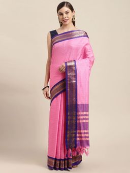 Vastranand - Pink and Woven Zari Pure Silk Gadwal Saree with Unstitched Blouse